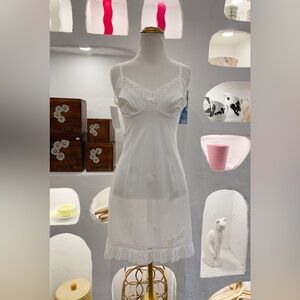 Vintage 60s 70s White Nylon Slip Dress with Floral Embroidery and Lace Trim NWT